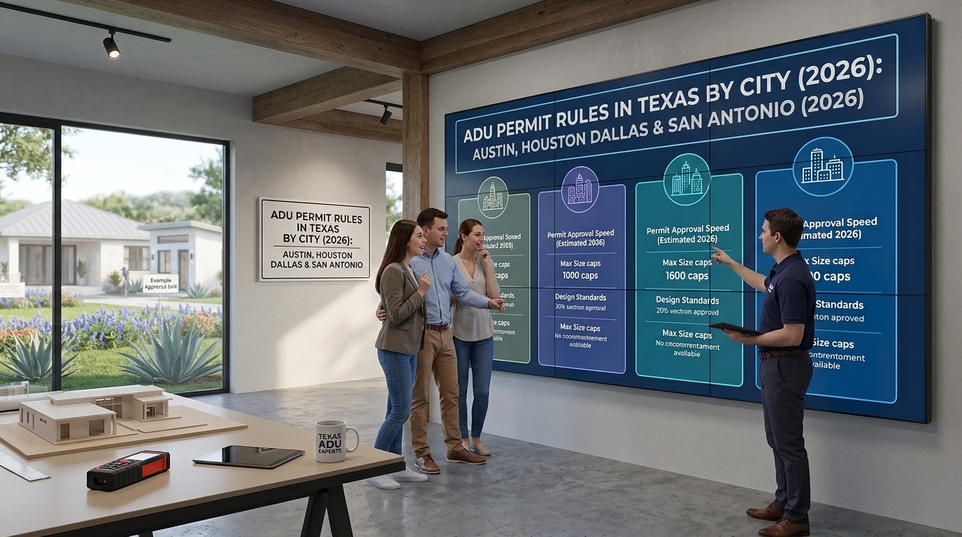 ADU Permit Rules in Texas by City Austin, Houston, Dallas and San Antonio (2026) ADU Permit Rules in Texas by City Austin, Houston, Dallas and San Antonio (2026)