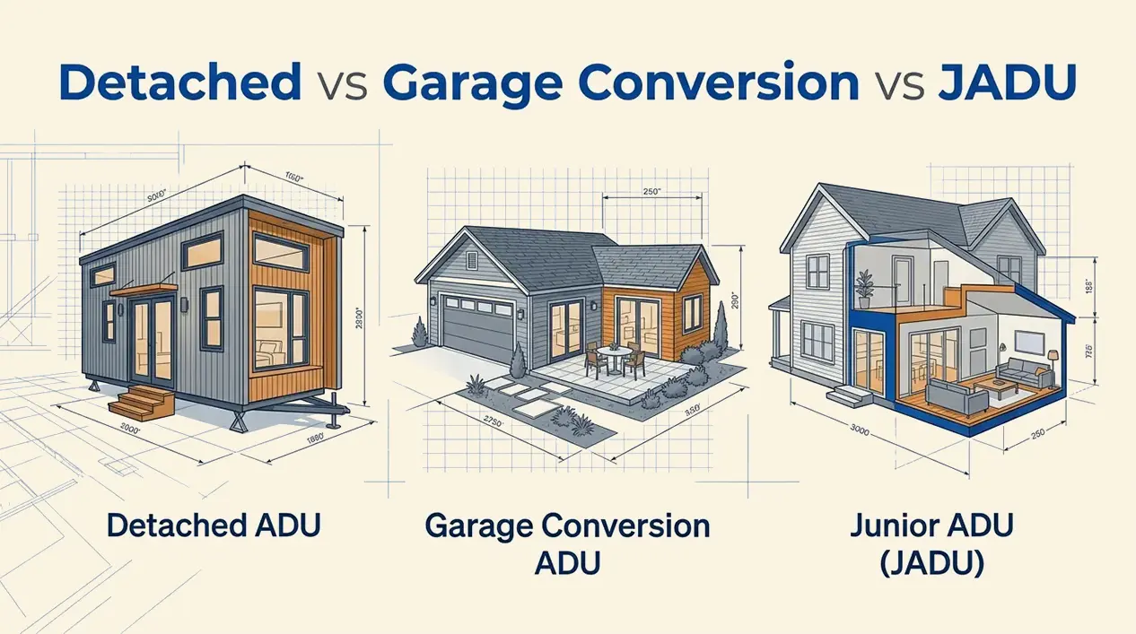 Detached vs Garage Conversion vs JADU — ADU Comparison Guide Detached vs Garage Conversion vs JADU — ADU Comparison Guide