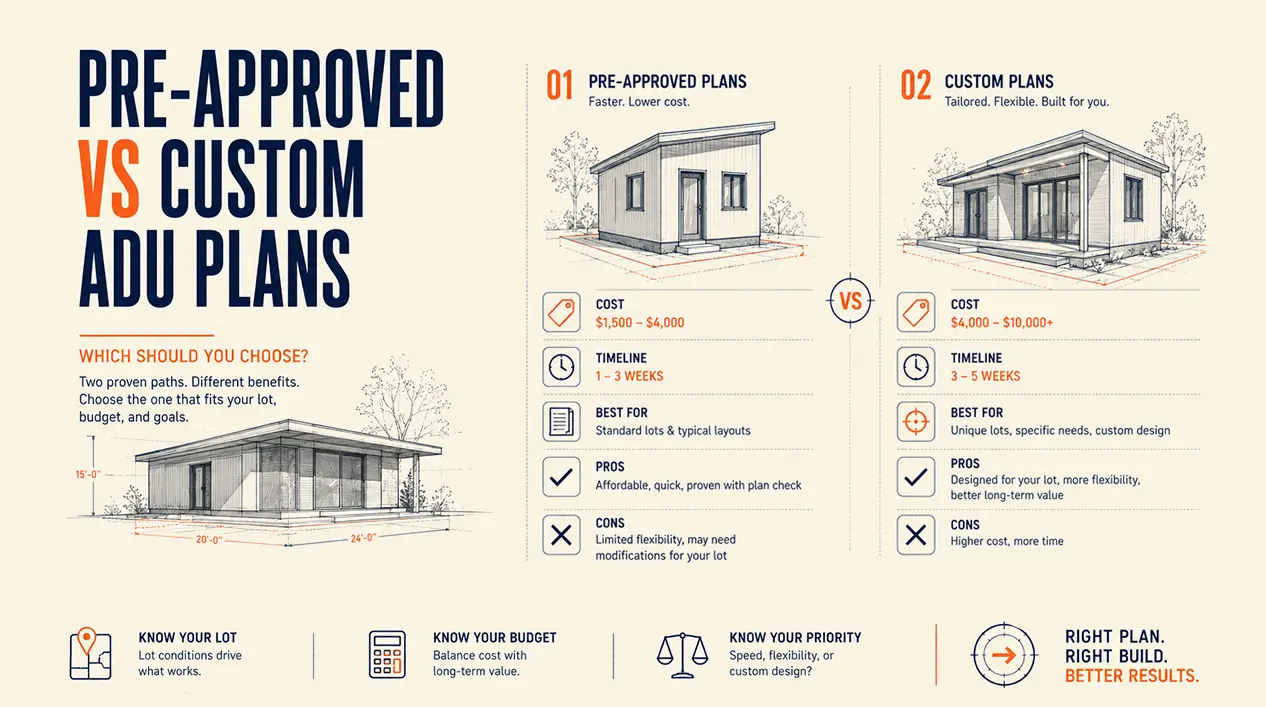 Pre-Approved vs Custom ADU Plans — Complete Comparison Guide Pre-Approved vs Custom ADU Plans — Complete Comparison Guide